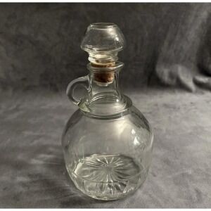 Vintage Clear Glass Cruet Bottle w/ Glass Stopper & Cork Starburst Base 8" MCM